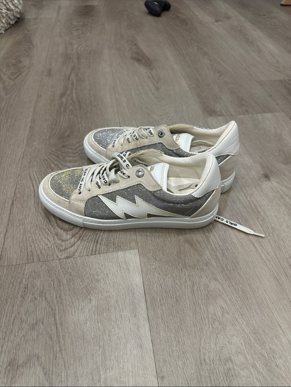 Zadig & Voltaire Silver and Cream Glitter Low-Top Sneakers